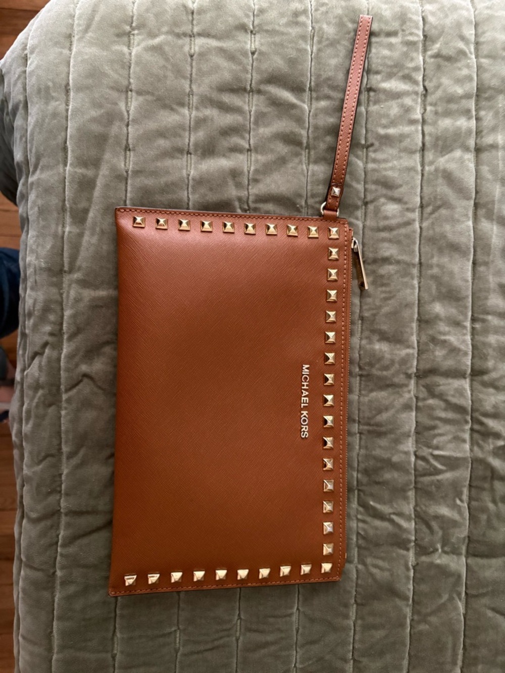 Michael Kors Tan Brown Leather Studded Extra Large Wristlet